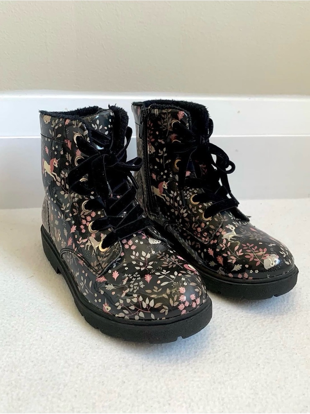 Kids H&M Floral Lace-Up Ankle Boots with Zipper
